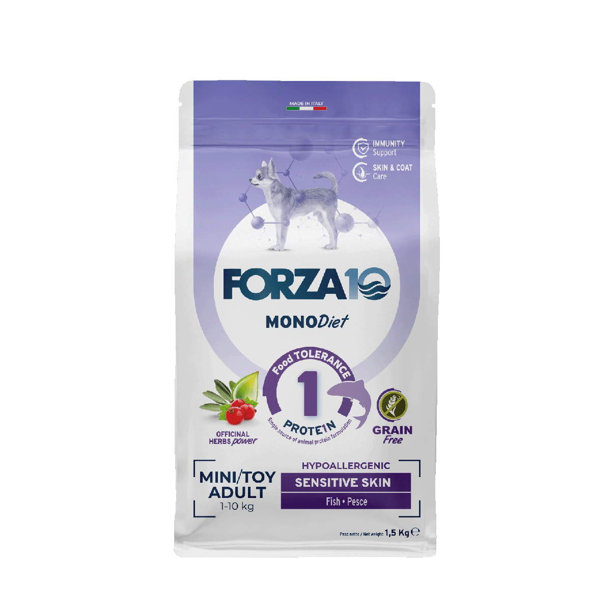 Forza10 MonoDiet Sensitive Skin Mini/Toy Adult ir monoproteīna bezgraudu pilnvērtīga diētiskā barība pieaugušiem mazo šķirņu suņiem ar jutīgu ādu.
