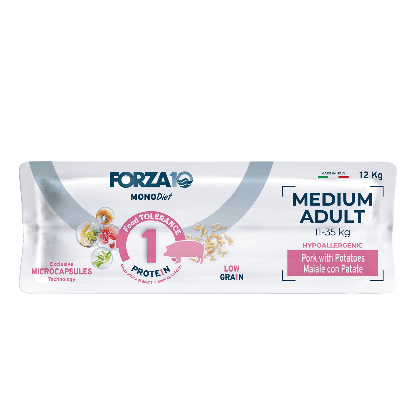 Forza10 MONODiet Medium Adult pork with potaoes - pilnvērtīga, sabalansēta ikdienas diētiskā barība ar cūkgaļu un kartupeļiem vidēja auguma suņiem