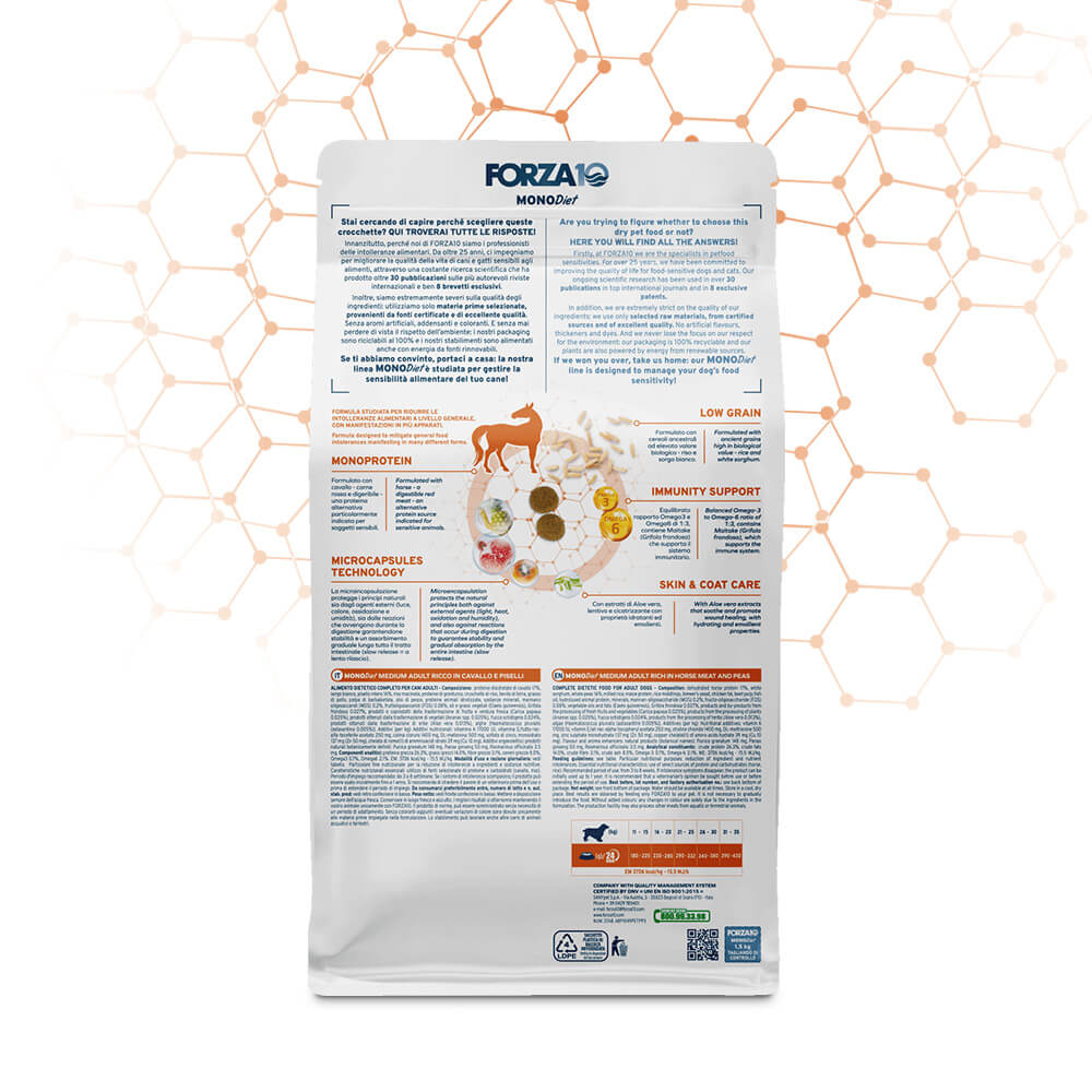 FORZA10 MonoDiet Medium Adult ir pilnvērtīga diētiskā barība ar zirga gaļu un zirņiem - hipoalerģiska barība jutīgiem vidējo šķirņu suņiem ar barības nepanesību iepakojuma aizmugure