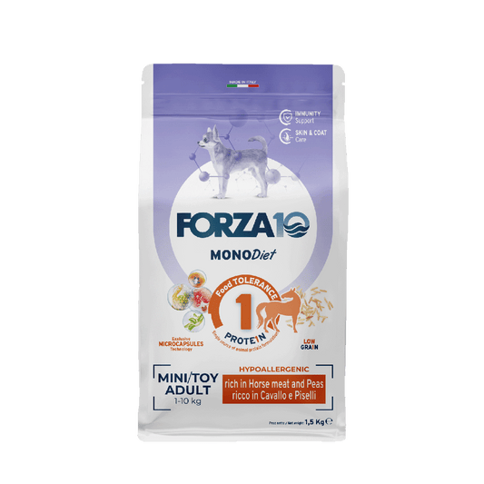 FORZA10MonoDiet Mini/Toy Adult ir pilnvērtīga, sabalansēta barība ar zirga gaļu un zirņiem - hipoalerģiska barība jutīgiem mazo šķirņu suņiem ar barības nepanesību 
