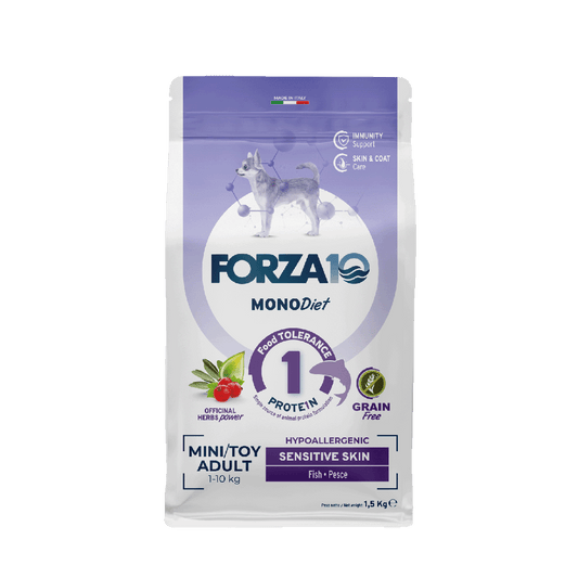 Forza10 MonoDiet Sensitive Skin Mini/Toy Adult&nbspir&nbspmonoproteīna&nbspbezgraudu pilnvērtīga diētiskā barība pieaugušiem mazo šķirņu suņiem ar jutīgu ādu.