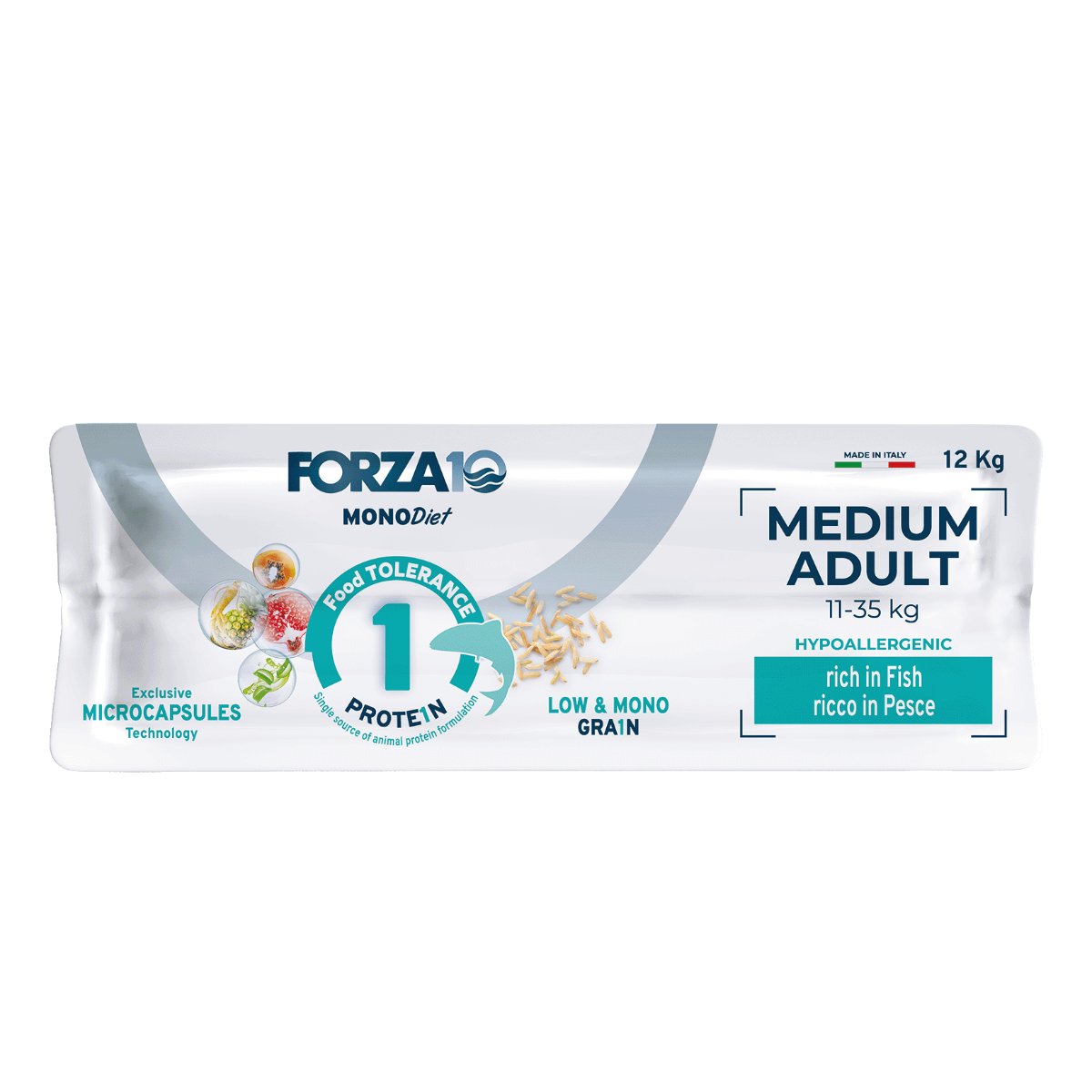 FORZA10 MONODiet ar zivi ir pilnvērtīga, sabalansēta sausā barība ar zivi - hipoalerģiska barība vidējo šķirņu suņiem ar barības vai uzturvielu nepanesību.