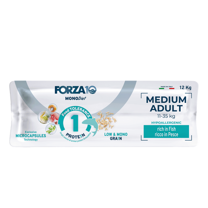 FORZA10 MONODiet ar zivi ir pilnvērtīga, sabalansēta sausā barība ar zivi - hipoalerģiska barība vidējo šķirņu suņiem ar barības vai uzturvielu nepanesību.