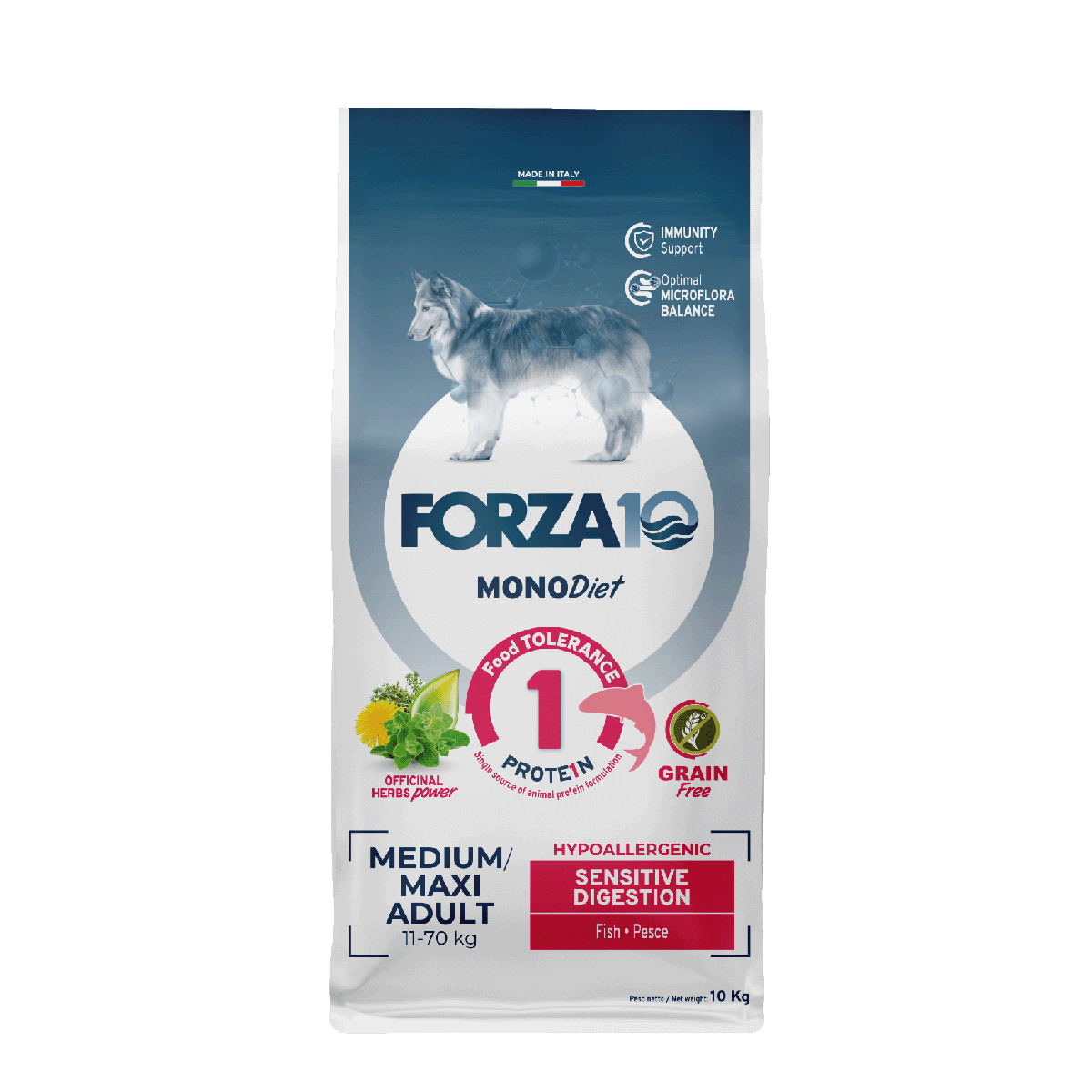 FORZA10 Monodiet Med/Maxi Adult Sensitive Digestion šunims begrūdis su žuvimi