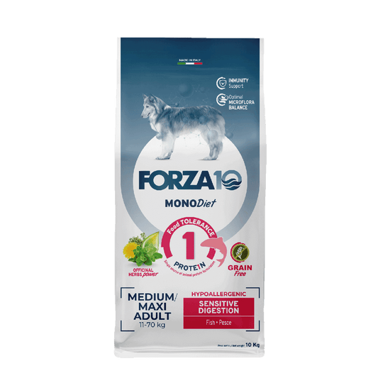 FORZA10 Monodiet Med/Maxi Adult Sensitive Digestion šunims begrūdis su žuvimi