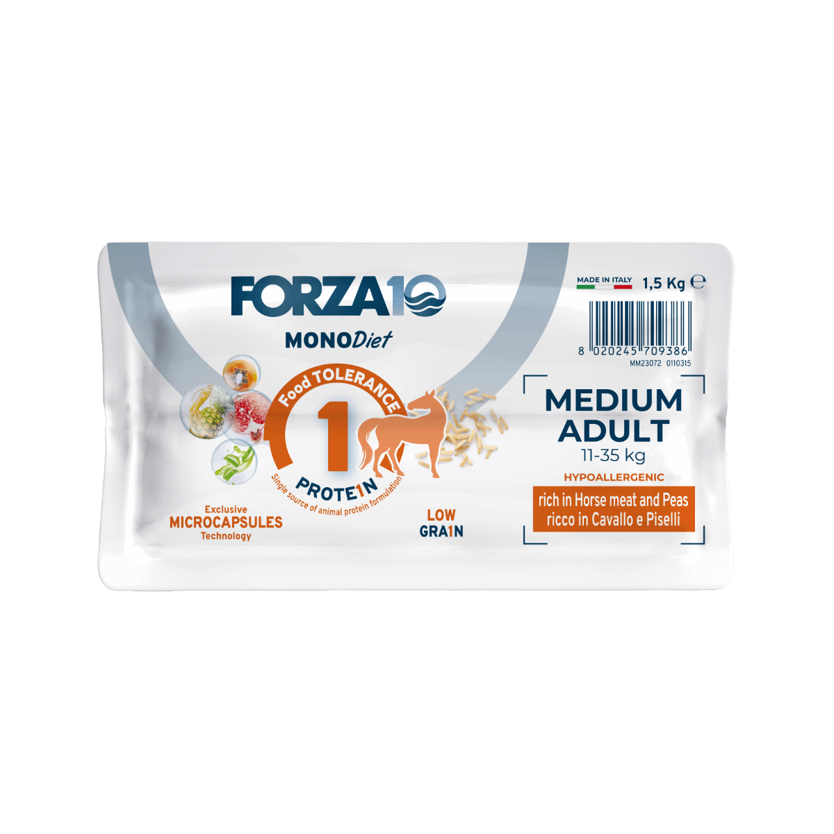 FORZA10 MonoDiet Medium Adult ir pilnvērtīga diētiskā barība ar zirga gaļu un zirņiem - hipoalerģiska barība jutīgiem vidējo šķirņu suņiem ar barības nepanesību iepakojuma apakša