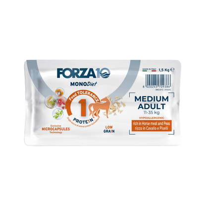 FORZA10 MonoDiet Medium Adult ir pilnvērtīga diētiskā barība ar zirga gaļu un zirņiem - hipoalerģiska barība jutīgiem vidējo šķirņu suņiem ar barības nepanesību iepakojuma apakša