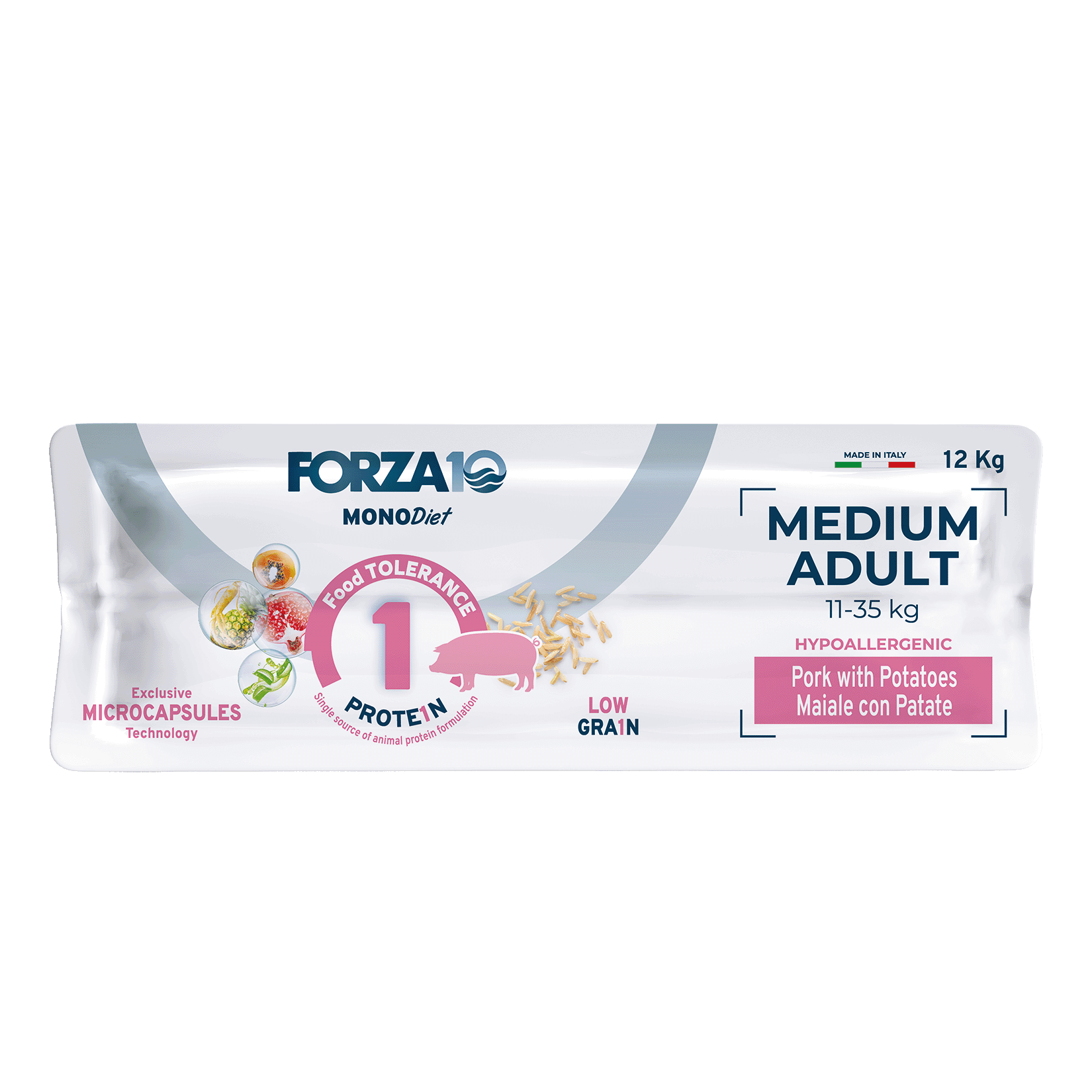 Forza10 MONODiet Medium Adult pork with potaoes - pilnvērtīga, sabalansēta ikdienas diētiskā barība ar cūkgaļu un kartupeļiem  vidēja auguma suņiem
