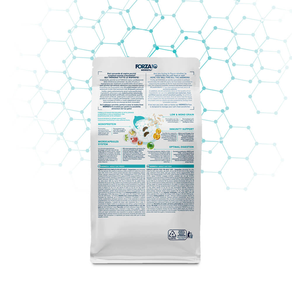 Forza10 Mono Diet adult CAT - pilnvērtīga sabalansēta sausā barība pieaugušiem kaķiem ar barības alerģiju iepakojuma aizmugure