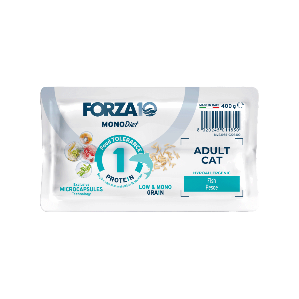 Forza10 Mono Diet adult CAT - pilnvērtīga sabalansēta monoproteīna sausā barība pieaugušiem kaķiem ar barības alerģiju iepakojuma apakša