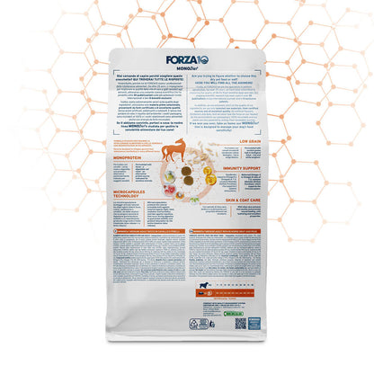 FORZA10 MonoDiet Medium Adult ir pilnvērtīga diētiskā barība ar zirga gaļu un zirņiem - hipoalerģiska barība jutīgiem vidējo šķirņu suņiem ar barības nepanesību iepakojuma aizmugure